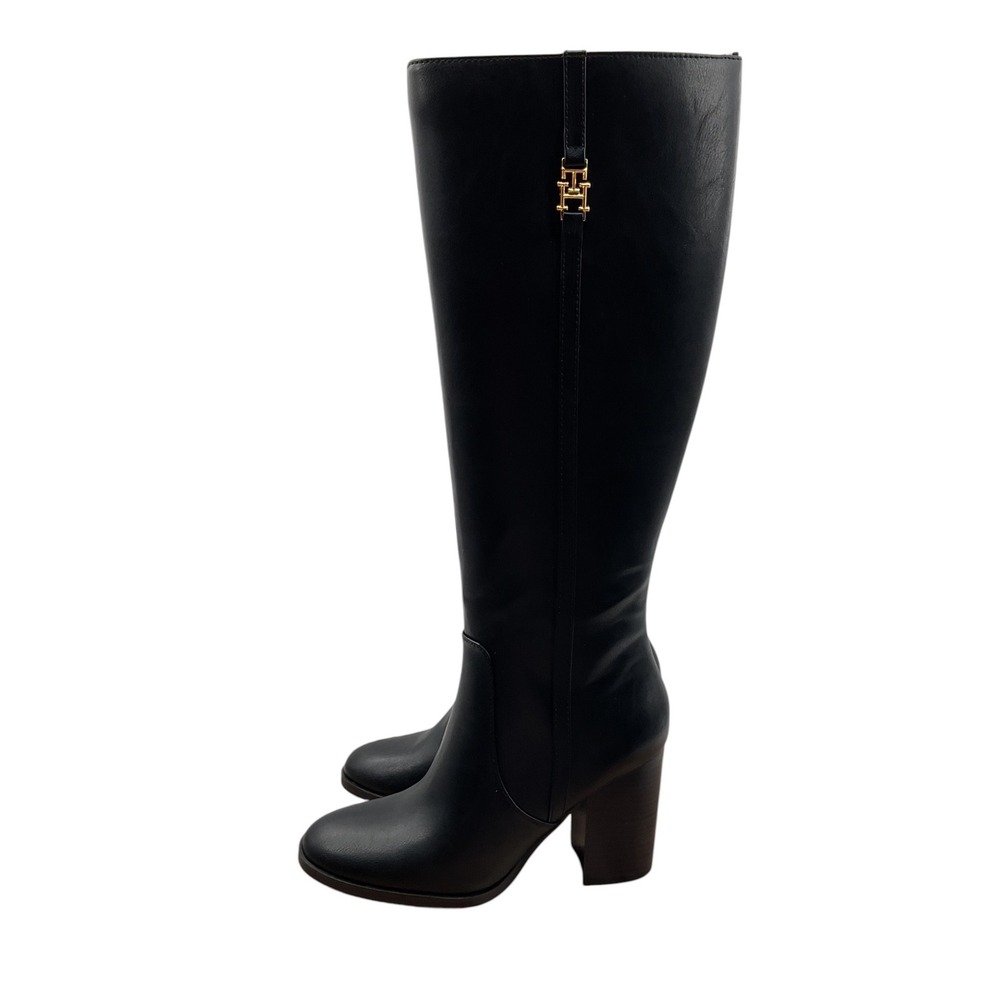 Tommy Hilfiger Womens Black Faux Leather Knee High Block Heel Boots 7.5M
